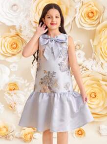 SHEIN Leap Crew Tween-Mädchen Elegantes ärmelloses Kleid mit Rundhalsausschnitt, Schleifendekor und Rüschensaum - Blau - Übersicht 6