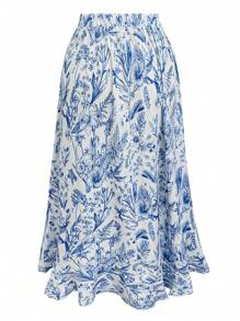Celure Falda elástica de cintura alta con bajo irregular, con volantes y estampado floral para mujer talla grande