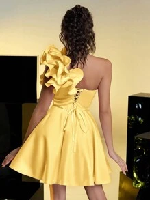 Lovelzi Elegant Romantic 3D Ruffled Decor Strapless Wide A-Line Fitted Bodice Party Gown, Party Dress, Wedding Guest Cocktail Dress - Yellow - View 5