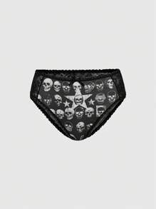 ROMWE Gothic Punk Skull & Star Strap Top And Lace Triangle Underwear Set - Black - View 4