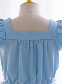 SHEIN 年轻女孩 2 件套：编织纯色领褶边衬衫 + 编织网眼裙，适合婚礼花童的优雅装扮 - 藍色 - 查看 3