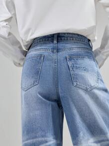 Ontre Calça Jeans Feminina Azul Cintura Baixa Casual Algodão Jeans Calça Reta Estampada Padrão Casual Estilo Dinheiro Antigo - Lavagem Média - Ver 5