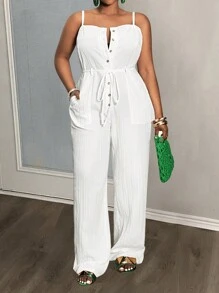 Slaydiva Versatile Minimalist White Casual All-Match Sexy Essentialist Plus Size Women Strappy Textured Fabric Knitted Jumpsuit, Suitable For Spring/Summer