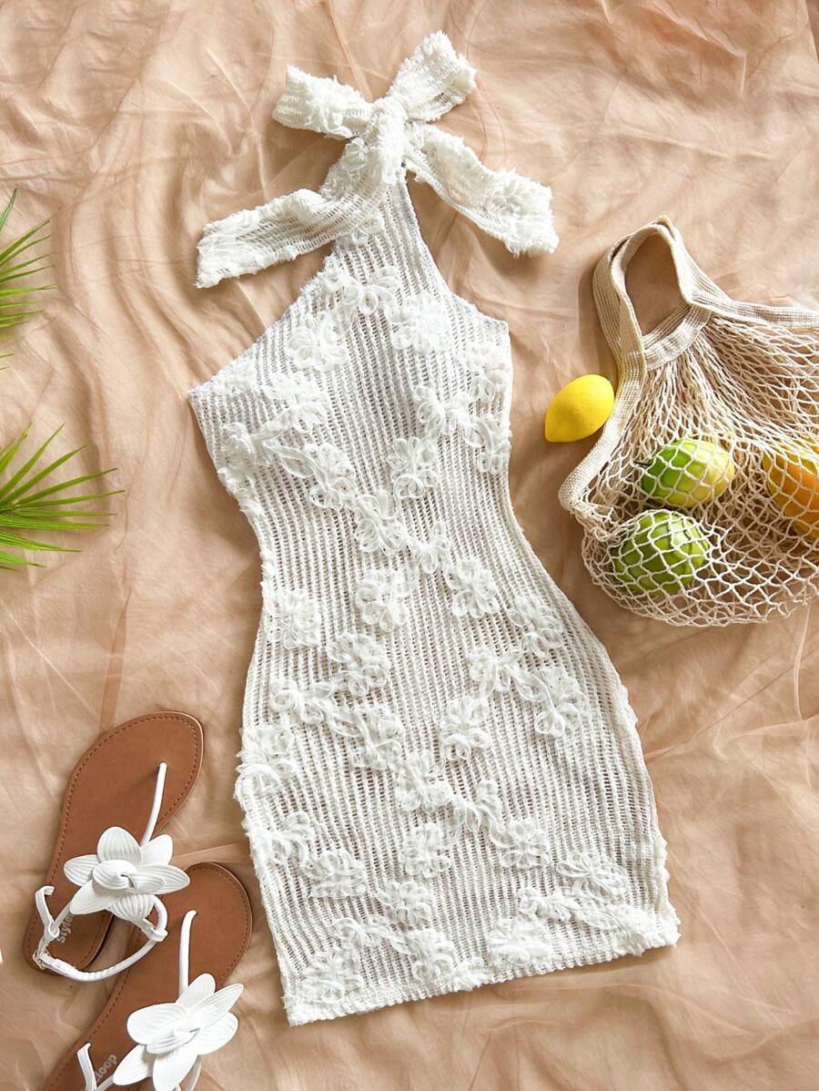 Soleia Women's Vacation Crochet Knit Hollow Textured Fabric One Shoulder Bowknot Cinched Waist Ruffle Hem Mini Dress, Suitable For Beach, Cruise, Party, Dates, Afternoon Tea, Music Festival, Summer - Apricot - View 1