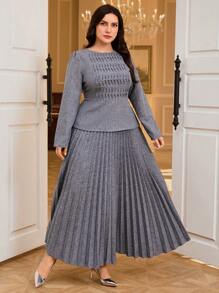 Modelyn Bộ 2 món áo tay bồng và chân váy xếp ly thanh lịch cỡ lớn khi đi làm - Màu xám đen - Xem 6