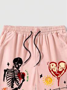 ROMWE MEN Street Life Men's Casual Streetwear Printed Capri Sweatpants - Pink - View 6