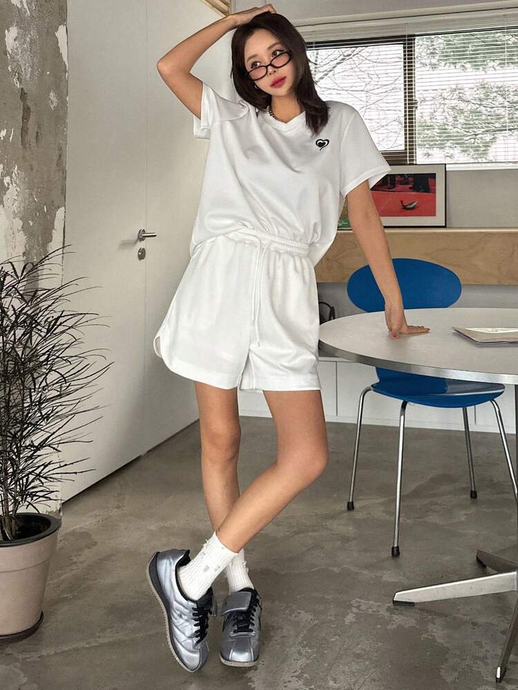 2pcs/Set Women Letter Print Short Sleeve T-Shirt And Shorts,Short Women Sets Lounge Sets For Women