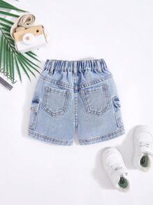 SHEIN 男婴夏季仿旧石洗宽松蓝色牛仔工装短裤，婴儿春夏装春假装 - 淺色水洗藍 - 查看 2