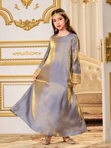 Tween Girls Long Satin Sleeve Dress, Elegant & Luxurious Suitable For Party, Gatherings - Pink - View 1