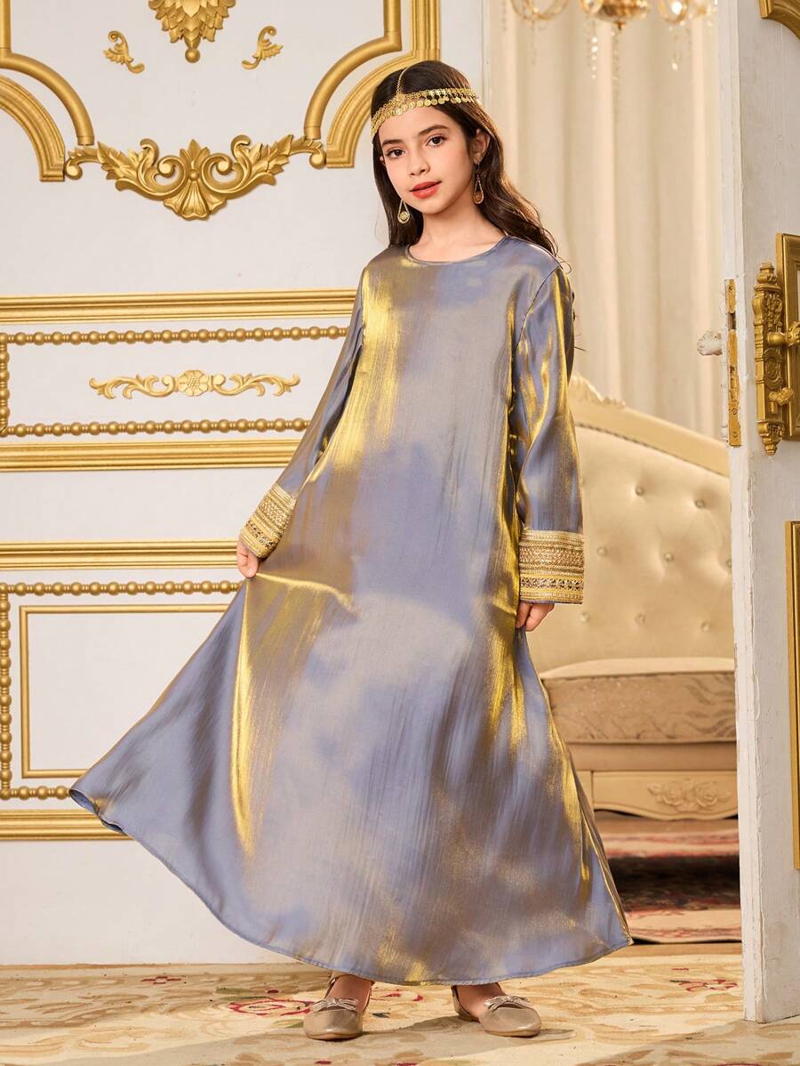 Tween Girls Long Satin Sleeve Dress, Elegant & Luxurious Suitable For Party, Gatherings - Pink - View 1