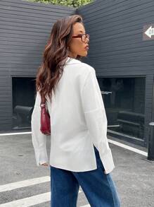 SHEIN EZwear Blusa feminina casual branca de manga comprida com decote em V e cor sólida, uso diário - Branco - Ver 2