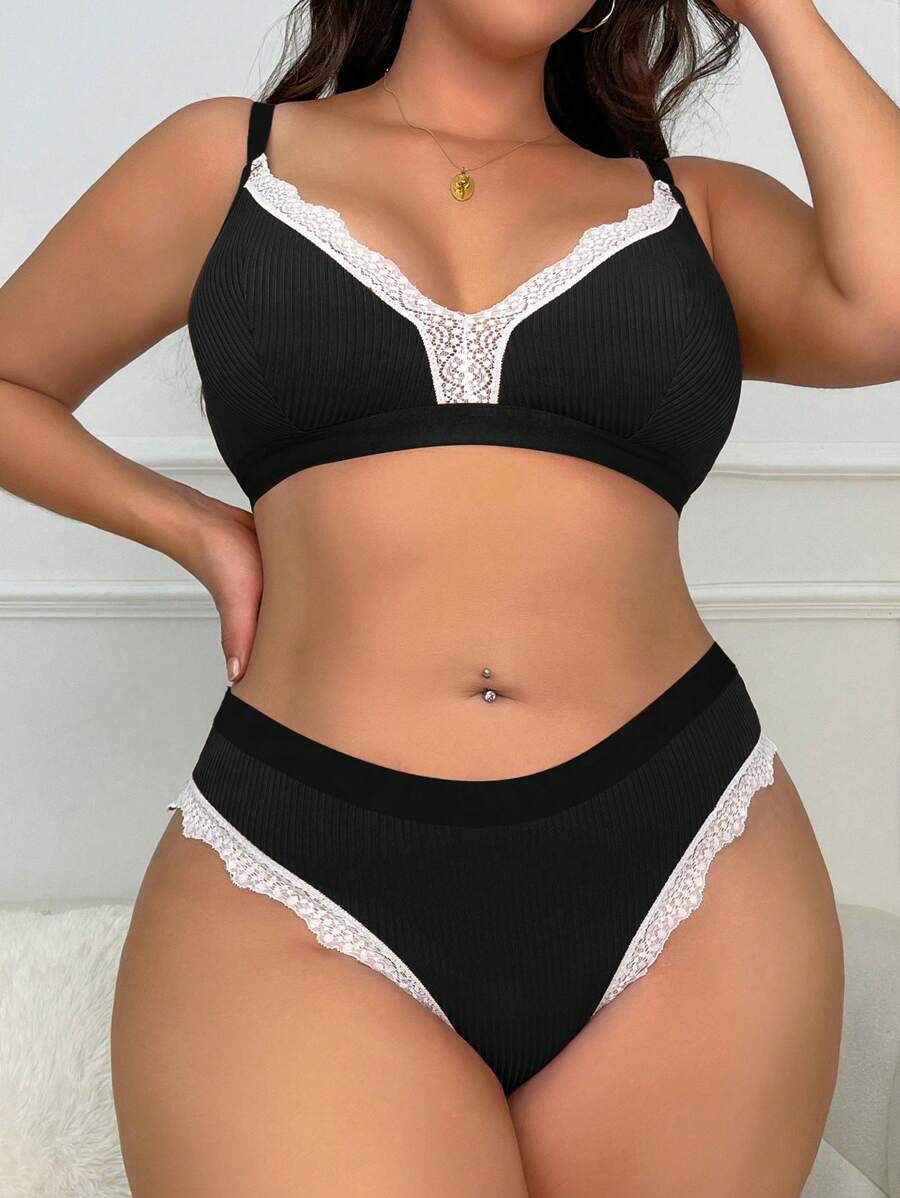 Conjunto de lencería de encaje retoque de talla grande para mujer, cómodo y de moda