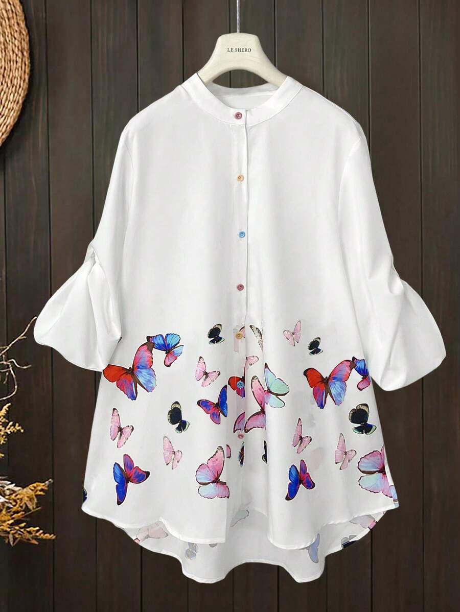 Mulvari Plus Size Front Button Long Sleeve Butterfly Print Casual Shirt - Multicolor - View 1