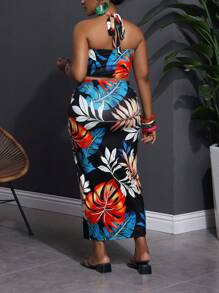 Slaydiva Plus Size Vrouwen Tropische Bloemenprint Halter Hals Tank Top & Getailleerde Rok 2-delige Set, Geschikt Voor Strand Resort
