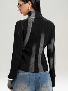 LYSMO 2025 New Arrival Ribbed Knit Zip-Up Cardigan, Vintage Streetwear Style, Slim Fit In Fall/Winter - Black - View 2