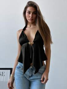 Aloruh Halter Metal Hook Decor Ruffle Tie Sexy Camisole, Champagne, For Glamour Outdoor Party Occasions - Black - View 7