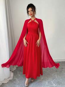 SHEIN Unity Summer Women's Holiday Party Outfits Long Women's Valentine's Day Halter Neck Red Chiffon Splicing Cape Dress - Red - View 1