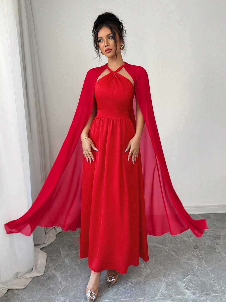 SHEIN Unity Summer Women's Holiday Party Outfits Long Women's Valentine's Day Halter Neck Red Chiffon Splicing Cape Dress - Red - View 1
