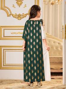 Tween Girls Metallic Green Dress, Elegant & Glamorous Suitable For Parties, Gatherings, And Ramadan - Pink - View 2