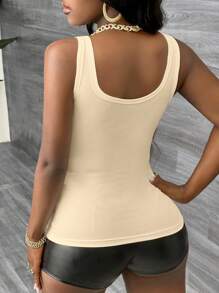 Slaydiva Plus Size Women Basic Racerback Tank Top With Deep V-Neck And Narrow Ribbed Knit, Beige, Suitable For Summer - Apricot - View 2