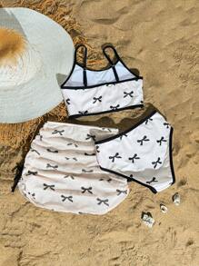 SHEIN Tween Girl 3pcs/Set Adorable Bow Print Swimwear Set, Adjustable Strap Bikini Top & Bottom With Skirt, Beach Outfit - Multicolor - View 2