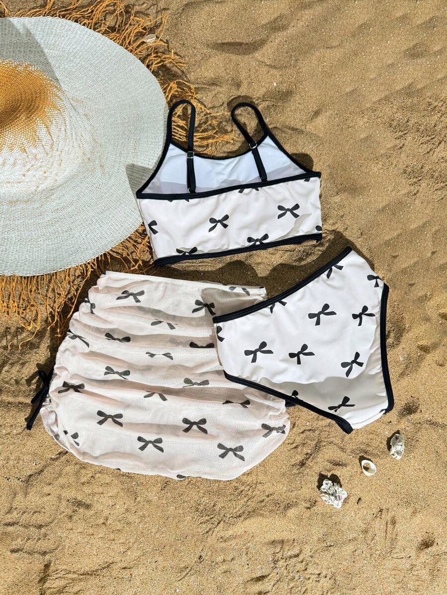 SHEIN Set di 3 pezzi di costume da bagno per ragazze pre-adolescenti, adorabile set con motivo fiocco, top e slip regolabili del bikini con gonna, completo da spiaggia - Multicolore - Visualizzare 1