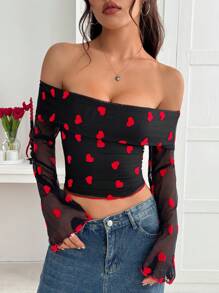 SHEIN EZwear 女士露肩长袖全身心形印花简约休闲上衣，适合日常穿着 - 黑色 - 查看 3