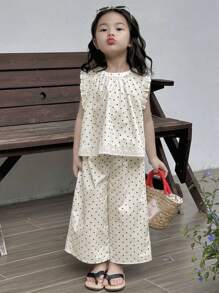 Dazy Kids 2pcs Young Girl Girls Sleeveless Allover Print Shirt + Woven Pants Set, Spring/Summer Vacation - White - View 5