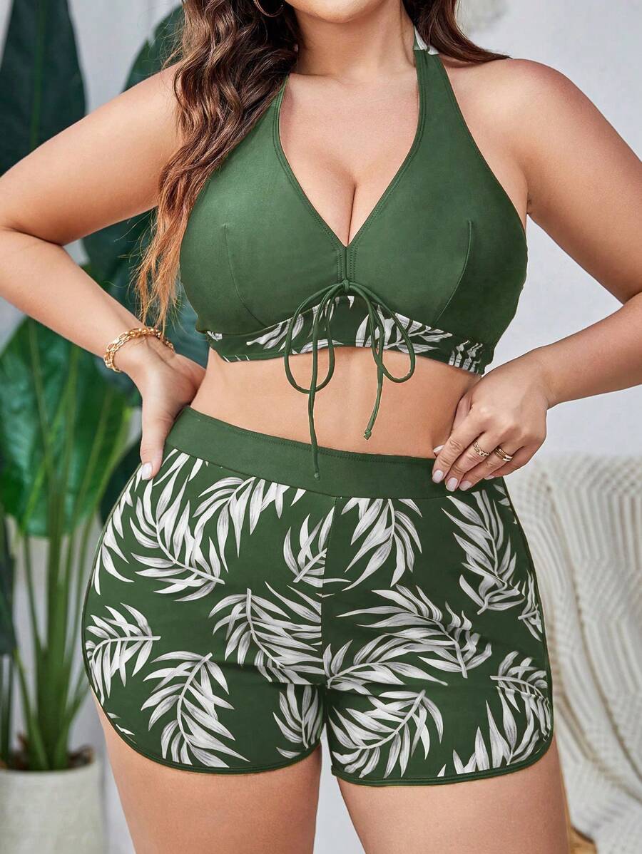 Swim Lushoire Plus Size Women's Random Print Halter Bikini Swimwear Set, Casual Vacation Summer Beach Wear