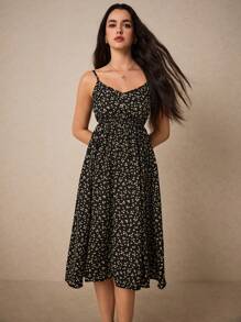Poéselle Ditsy Floral Print Button Detail Cami Dress - Black - View 6