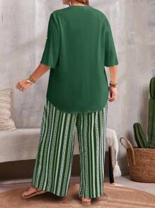 EMERY ROSE Plus Size Women 2pcs Set: Solid Color Cuff Sleeve Shirt & Striped Pants,Holiday Outfits Boho - Dark Green - View 2