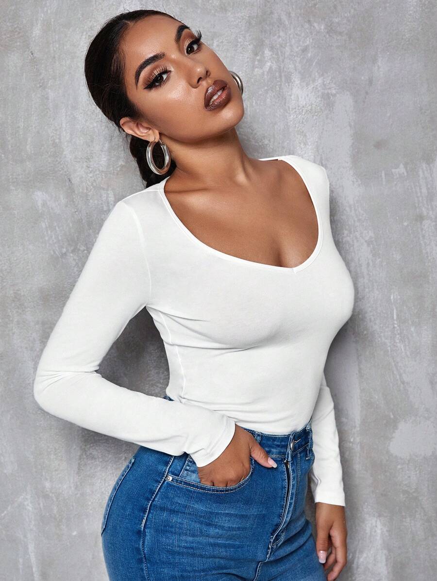 SHEIN Essnce Long Sleeve Form-Fitting Tee - White - View 1