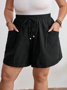 SHEIN CURVE+ Plus Size Solid Color Casual Shorts With Pocket Design, Spring And Summer Boho Vacation - Black - View 4