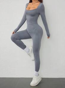 SHEIN EZwear Spring Black Solid Square Neck Unitard Jumpsuit