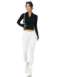 Easithlete 女士半拉链黑色无缝运动卫衣 - 黑色 - 查看 3