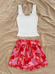 Soleia 2pcs/Set Women's Solid Color Tank Top & Floral Print Shorts, Vacation & Casual Set, Summer Outfit