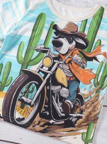 Conjunto de 2 piezas de camiseta con estampado de un perro montado en una motocicleta al estilo occidental + pantalón caqui para niños pequeños (talla pequeña), adecuado para uso diario, juego al aire libre y reuniones familiares, conjunto de verano para niños