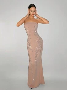 SHEIN ICON 修身版型贴身水钻镶嵌连衣裙 - 卡其色 - 查看 5