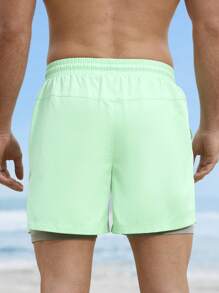 Surfspeed Men's Letter Print Drawstring Waist Loose Beach Shorts Men Swim Trunks - Mint Green - View 2