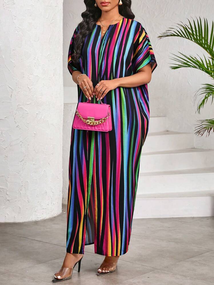 SHEIN Lady Elegant Casual Work Party Color Stripes Print V Neck Slit Butterfly Sleeve Women Dresses Long Dress - Multicolor - View 1