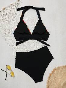 SHEIN Conjunto de bikini a rayas informal de moda deportiva para vacaciones de verano, outfits de playa para mujeres