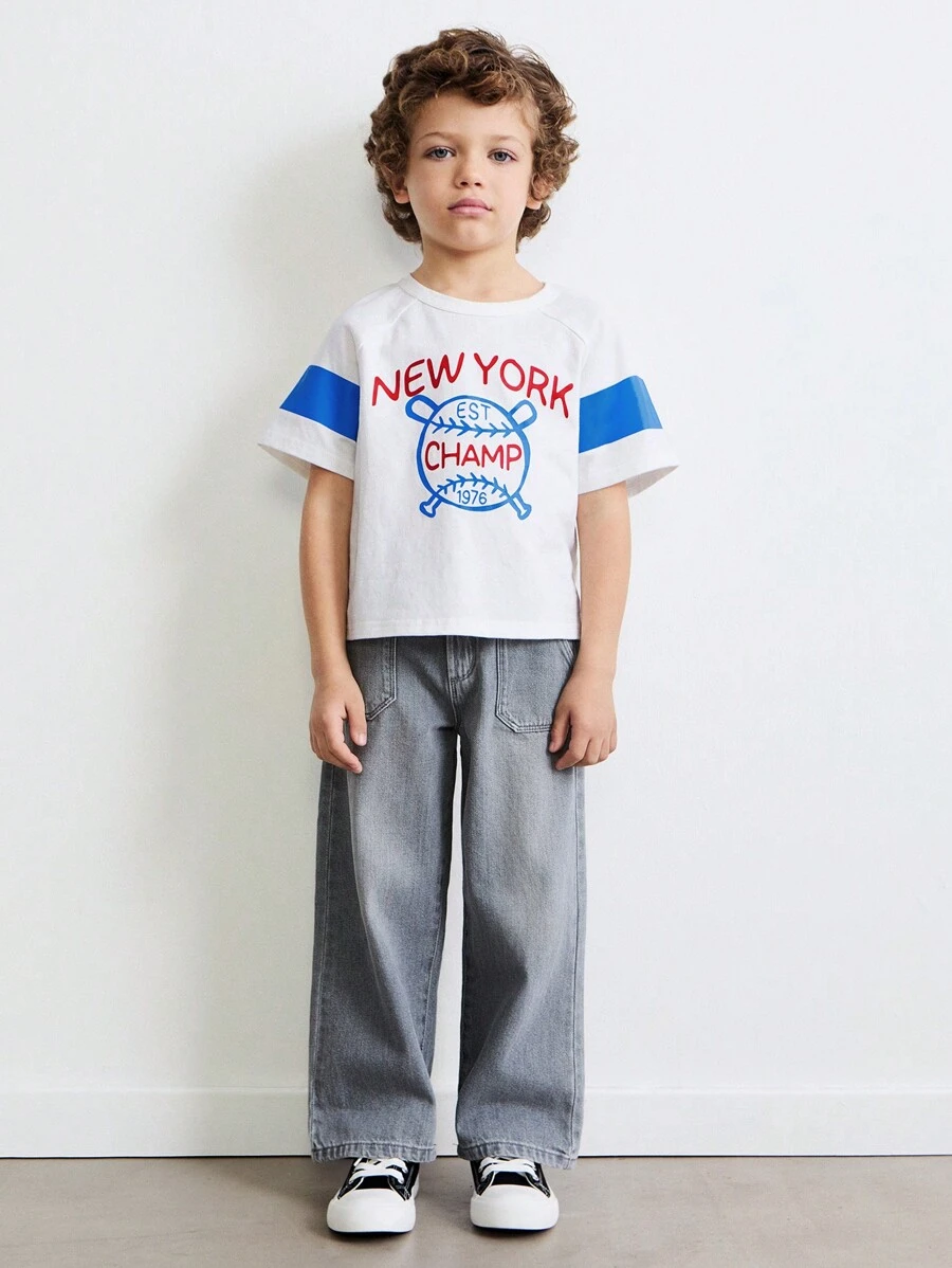 SHEIN 年轻男孩字母图案圆领短袖休闲 T 恤 - 彩色 - 查看 1