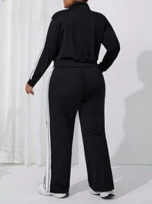 Easithlete Plus Size Women Striped Long Sleeve Jacket And Pants Sports Suit - Black - View 2
