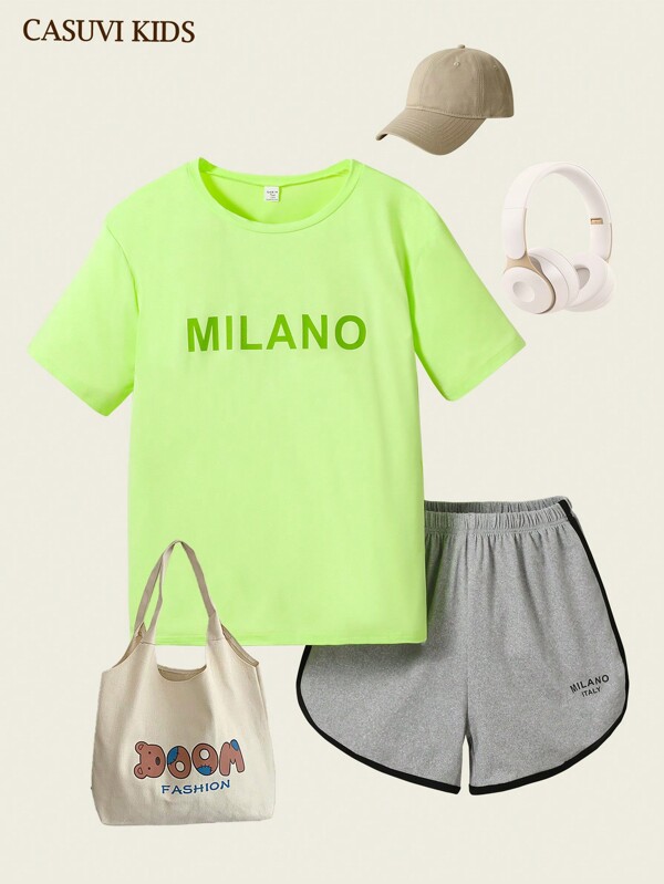 SHEIN Explorewe 2pcs/Set Girls/Teenage Casual Unique Color Text Print Loose Comfortable T-Shirt With Sport Shorts Set, Suitable For Summer