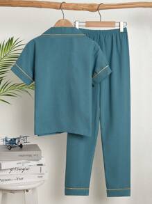 2 pezzi Set pigiama composto da top a maniche corte, colore tinta unita, e pantaloni lunghi, per ragazzi pre-adolescenti, colore verde