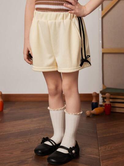 PrepCrw Young Girls Yellow Webbing Decor Knitted Shorts, Snug Fit With Elastic Waist, School Style, Spring/Summer