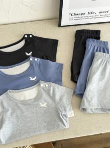 6pcs/Pack Newborn Baby Boy/Girl Black, Blue, Gray Short Sleeve Shorts Set, Comfortable All Occasions Summer Outfit, Great Value Multi-Piece Set - Multicolor - View 7