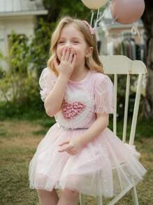 SHEIN Young Girls' Puff Sleeve Heart Decor Mesh Puff Sleeve Short Sleeve T-Shirt, Comfortable Round Neck, Cute & Fashionable, Spring & Summer