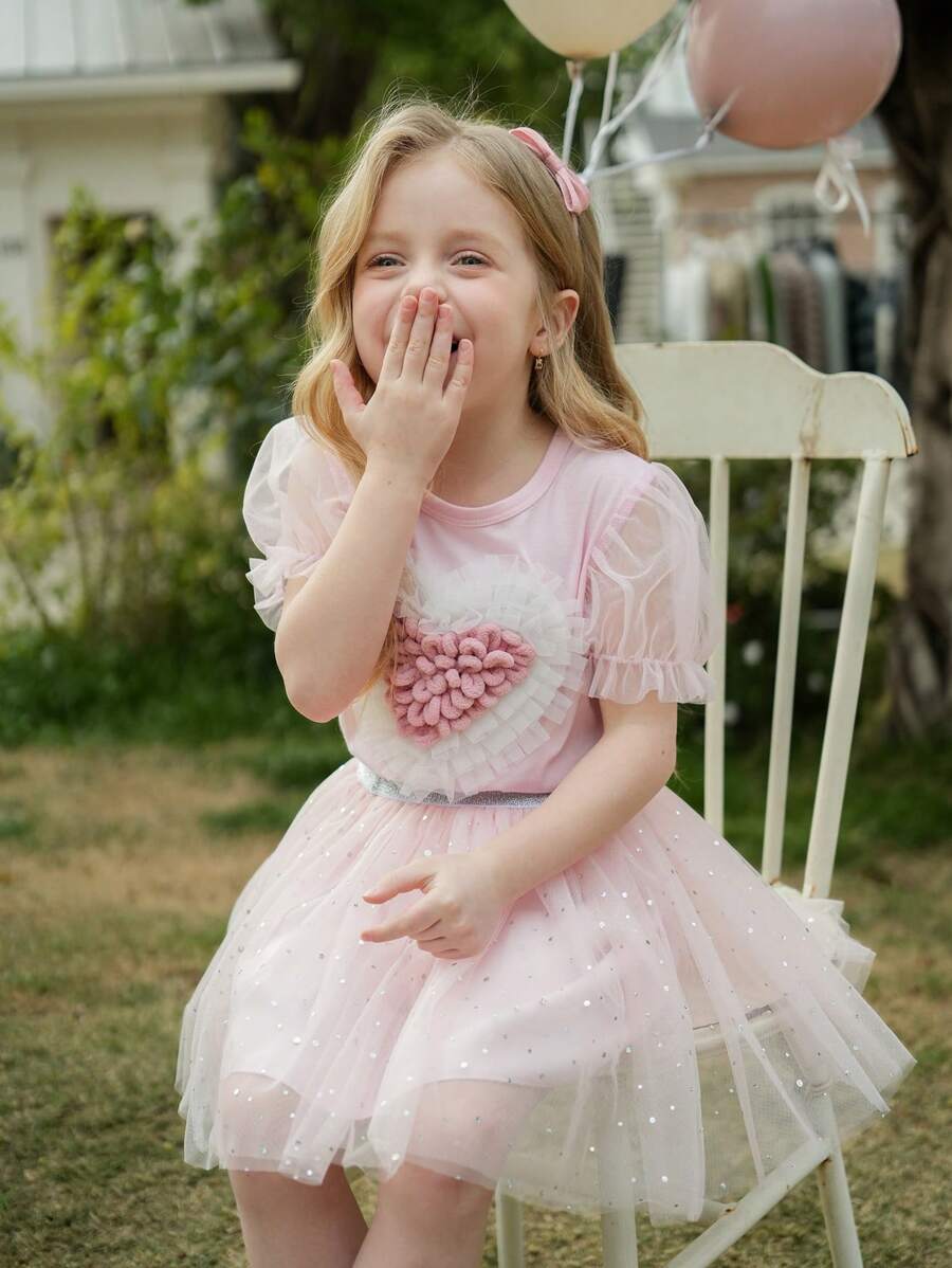 SHEIN Young Girls' Puff Sleeve Heart Decor Mesh Puff Sleeve Short Sleeve T-Shirt, Comfortable Round Neck, Cute & Fashionable, Spring & Summer