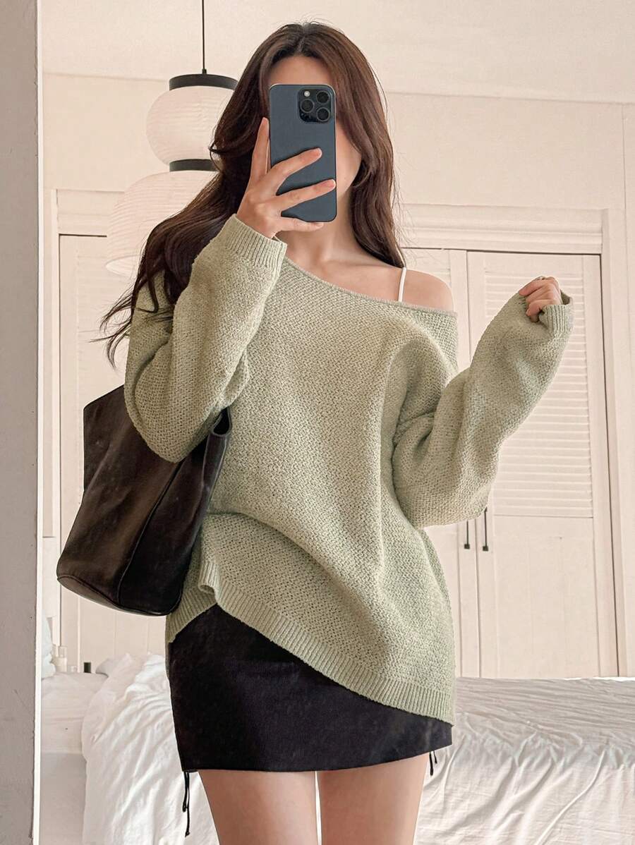 DAZY Women's Oversized Crew Neck Long Sleeve Solid Color Sweater,Fall Clothes - Grey - View 1